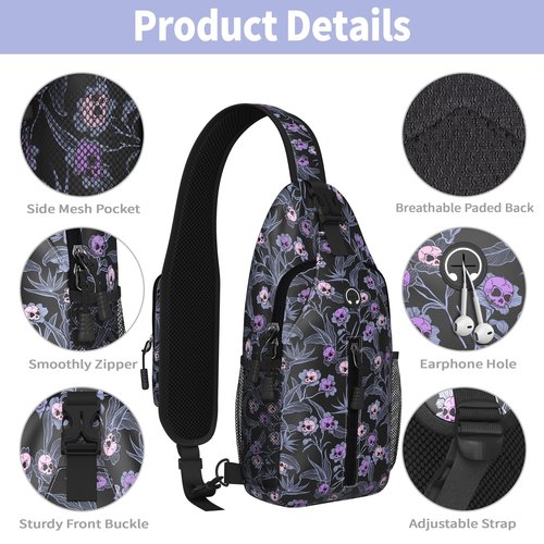 Skull Goth Sling Bag For Women Men Small Crossbody Bags Halloween Gothic Mini Water Resistant Casual Chest Bag Backpack Shoulder Daypack For Travel Hiking Gifts