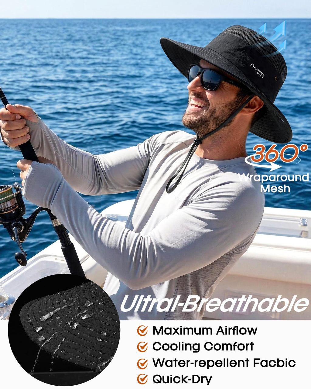 FURTALK Sun Hats for Men Women Fishing Hat UPF 80+ Breathable Wide Brim Hiking Summer UV Protection Bucket Hats Black