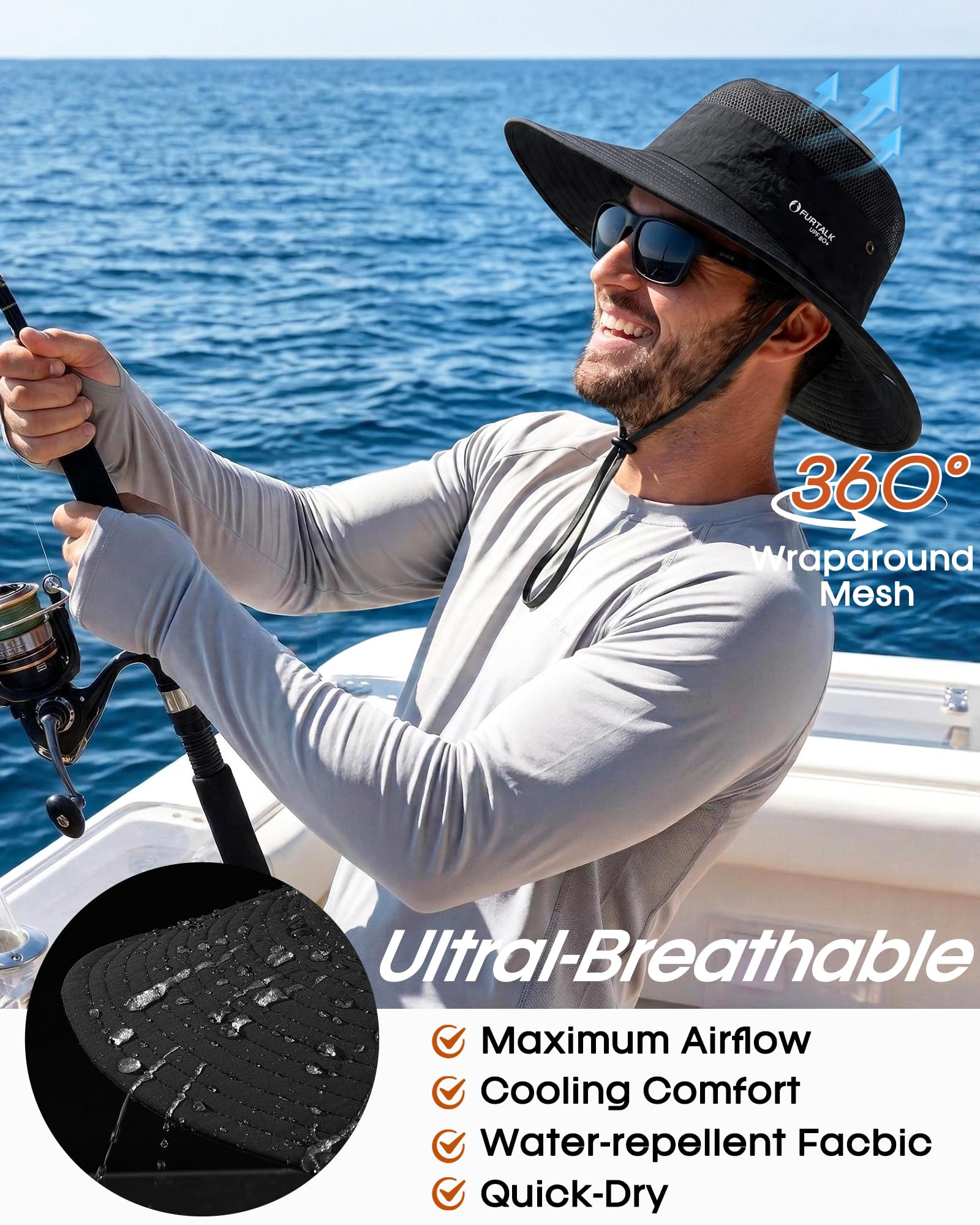 FURTALK Sun Hats for Men Women Fishing Hat UPF 80+ Breathable Wide Brim Hiking Summer UV Protection Bucket Hats Black
