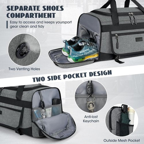 IGOLUMON Gym Bag - 40L Water-Resistant Sports Duffel with Shoe Compartment & Wet Pocket - Gray