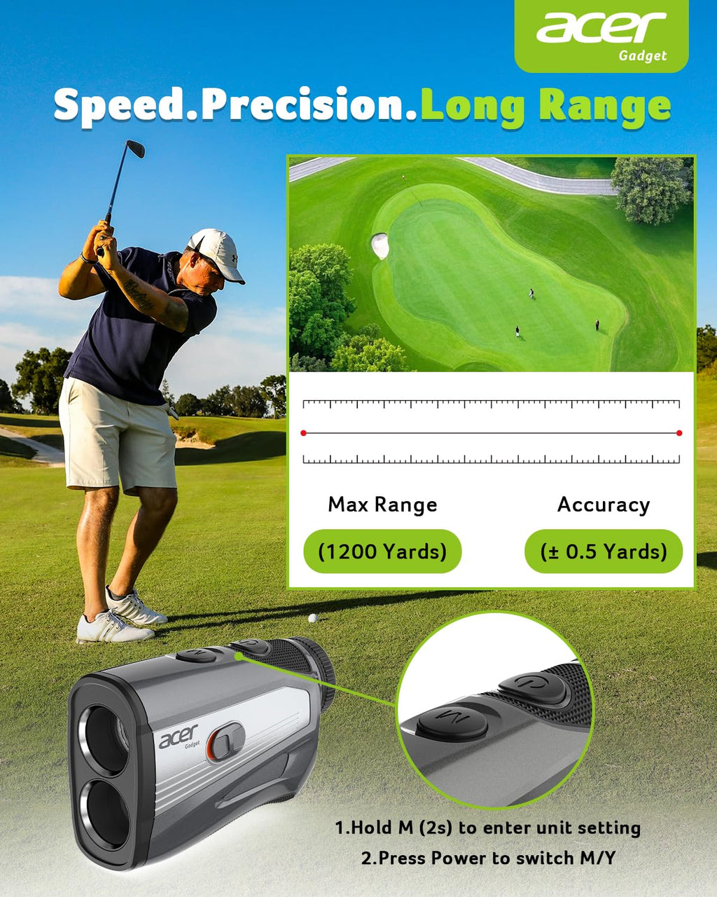 Acer Golf Rangefinder with Slope - 1200 Yards Laser Range Finder for Hunting, 6X Magnification Rangefinders Golf with Flag Pole Locking Vibration, Rechargeable Magnetic Golfing Gift for Men