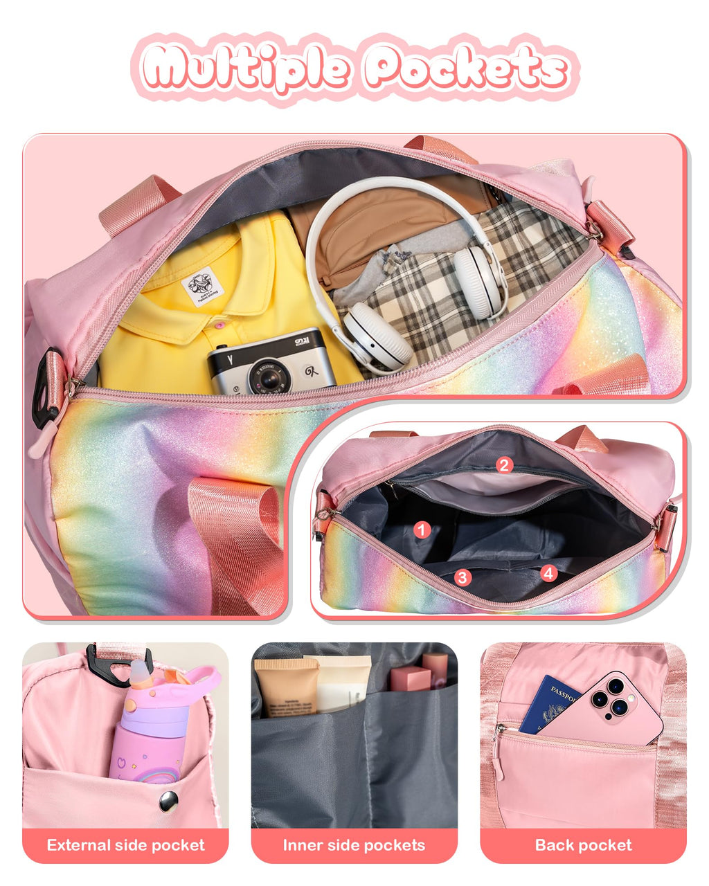 Vogewood Gifts for Grandkids-Girl Gym Bag with Shoe Compartment, Kid Personalized Weekender Overnight Bags, Initial Travel Tote with Makeup Pouch, Gift for Girls (Letter R)