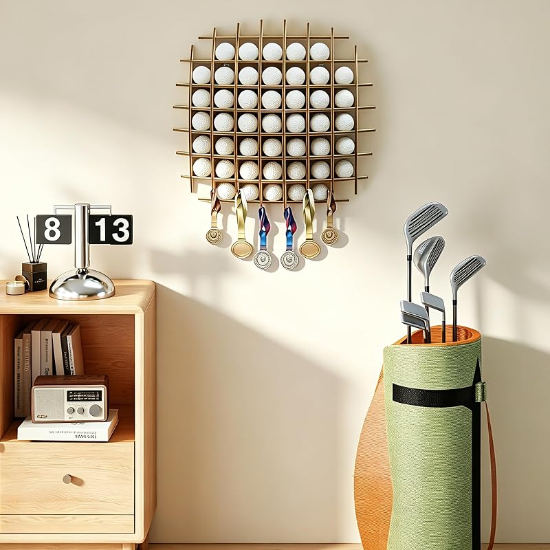Wall-Mounted Golf Ball Display Case, 52-Ball Wooden Holder Rack