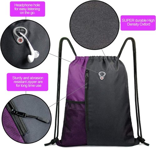 BeeGreen Purple Drawstring Backpack - Large Cinch Sack Gym Bag with Zipper & Mesh Pockets, 16 x 20 Inch