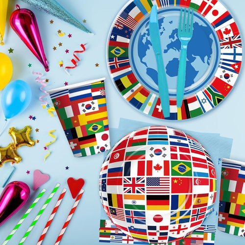 APOWBLS International World Flags Decorations - Olympic Party Supplies Set for 24 | Plates, Cups, Napkins, Cutlery, Tablecloth