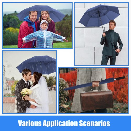 Jexine 10 Pcs Large Automatic Open Golf Umbrella 62 Inch Double Canopy Rain Umbrella Windproof Waterproof Heavy Duty for Men Women Family Travel Sports (Dark Blue)
