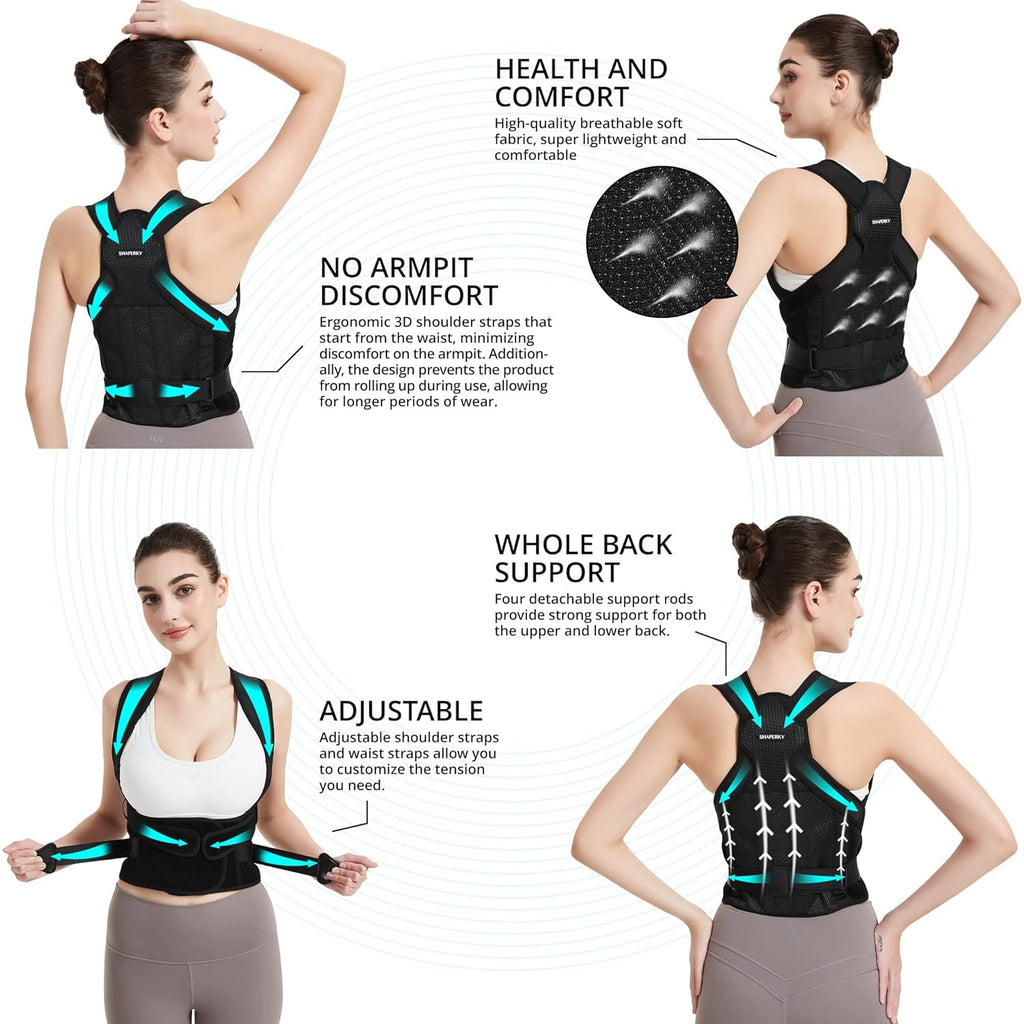 Skiennix Posture Corrector - Adjustable Back Brace for Full Support | Unisex Design (Black, Medium)
