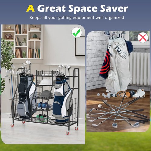 GYMAX Golf Bag Organizer, Golf Storage Garage Organizer with Lockable Wheels & Golf Club Side Rack, Extra Large Golfing Equipment Rack for Golf Accessories Garage Organizer (2 Compartment)