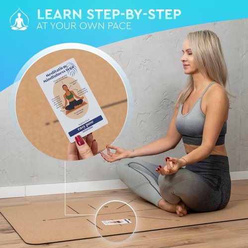 Ohmsana Natural Cork Yoga Mat with Alignment Lines and 55 Instructional Cards in 7 Themes for Beginner - Non-Slip Eco Friendly - 183x66x5mm for Home Workouts, Balance & Precision