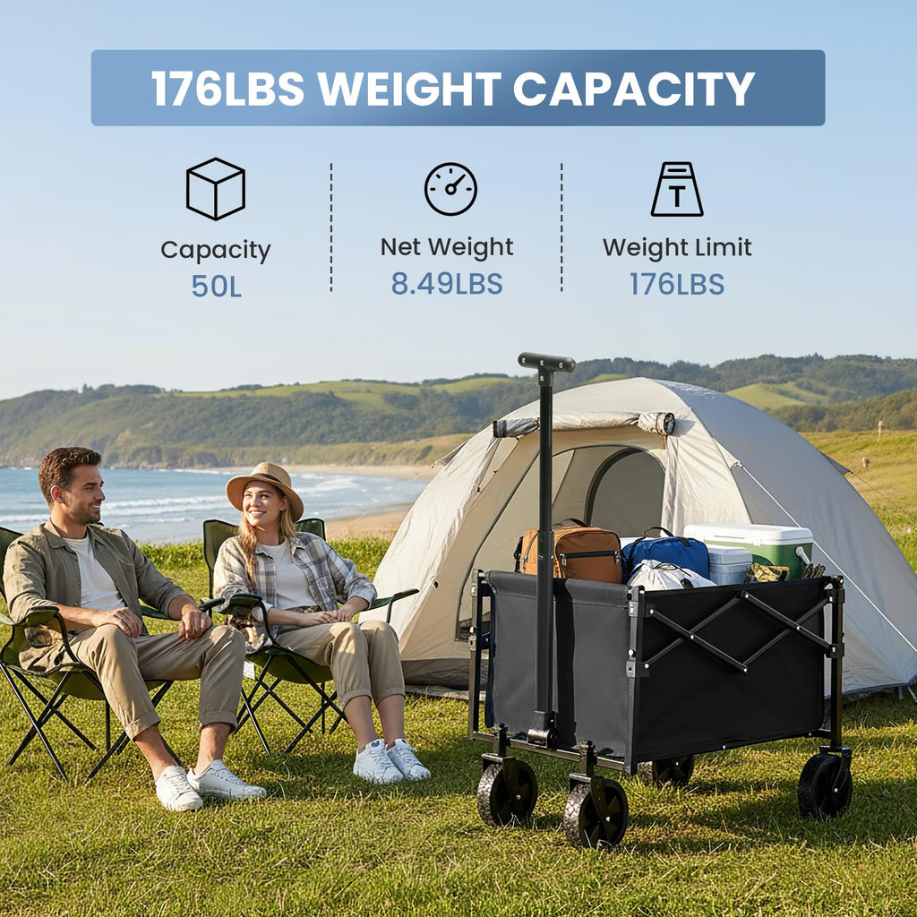 DUMOS Collapsible Wagon with Wheels, 176 lbs Wagons Carts Foldable Wagon Cart with Flexible Handle, Lightweight Portable Folding Utility Grocery Shopping Cart for Grocery Sports Garden Camping - Black