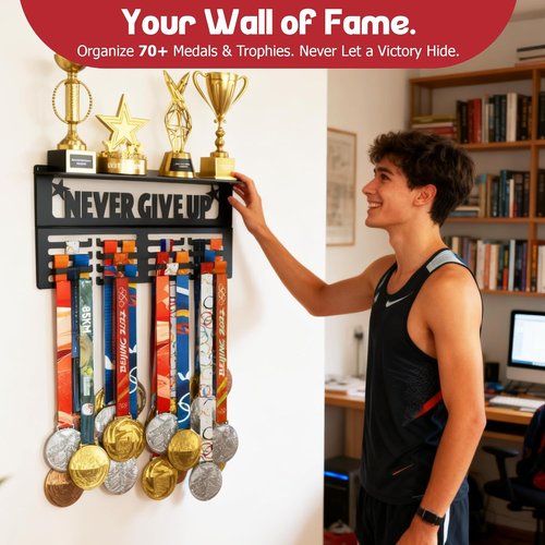 Jolitac Sports Medal Display Rack - Wall Mounted Holder for 60+ Medals & 20 Race Bibs | Durable Design