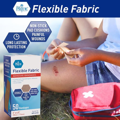 MED PRIDE Hypoallergenic Fabric Adhesive Bandages - Sterile, Latex-Free, Flexible & Breathable (2” x 4.5'' - 50 Count)
