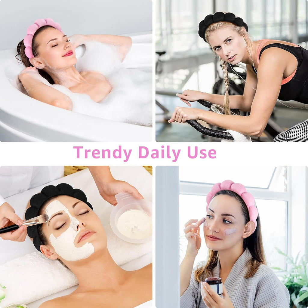 Ztomine Spa Headbands - Set of 2 Terry Cloth Skincare Headbands for Washing Face | Black & Pink