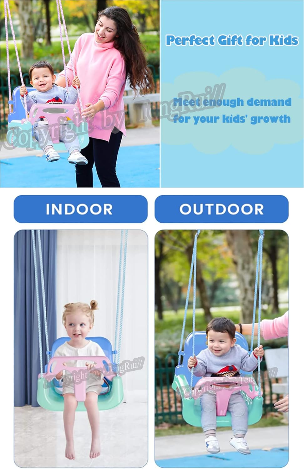 Skiennix 3-in-1 Swing - Anti-Flip Design for Toddlers to Teenagers | Macarons Color, Light Green Chair & Pink Handrail