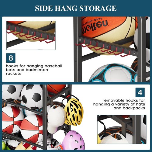 Homeiju Sports Equipment Organizer - Ball Storage Rack with Wheels & Hooks | Indoor/Outdoor Black Shelf
