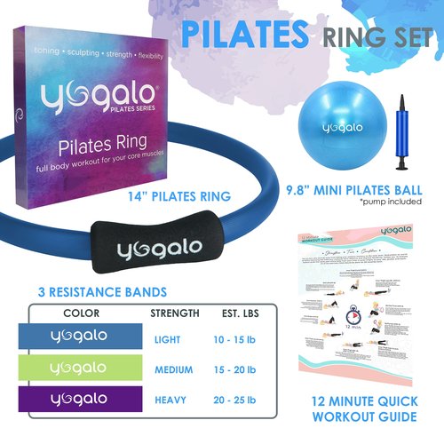 Y O Gayo Pilates Ring and Ball Set with 3 Resistance Bands - Pilates Equipment for Home Workout - Magic Circle Pilates Ring 14 Inch to Tone, Sculpt and Strengthen (Blue)
