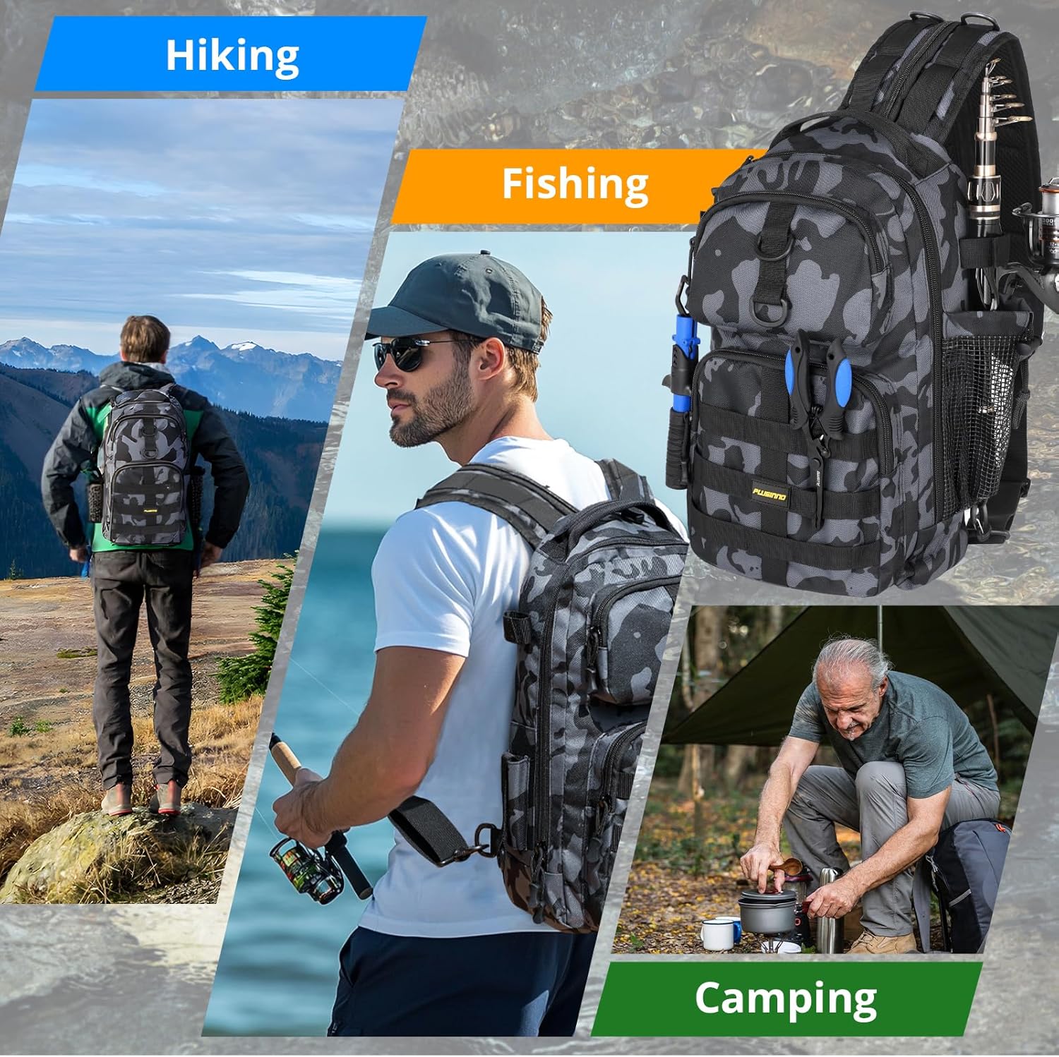 PLUSINNO Fishing Backpack - Waterproof Sling Tackle Bag with Rod Holder & Tackle Boxes | Ideal Fishing Gift for Men