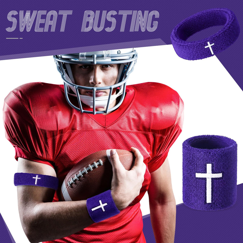 Soulchen 4 pcs Cross Bicep Bands Wrist Bands Christian Arm Sweat Wristbands Absorbent Armband for Men Women Football Baseball Players Sports Activities Supplies(Purple)