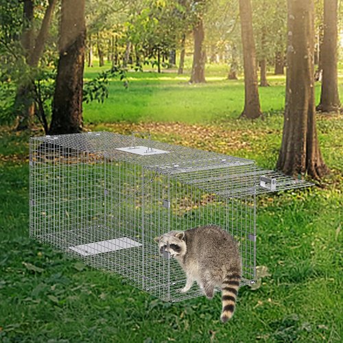 VEVOR Live Animal Cage Trap, 42" x 16" x 18" Humane Cat Trap Galvanized Iron, Folding Animal Trap Cage with Handle for Stray Dogs, Armadillos, Raccoons, Foxes