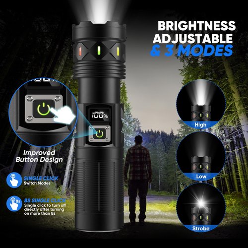 erbrigtli Flashlights High Lumens 10000 Rechargeable, Super Bright 50W LED, Long Running 15 Hours, USB C Input & USB Output, Zoomable 3 Modes, Powerful Strong Flash Light for Home Hiking Camping