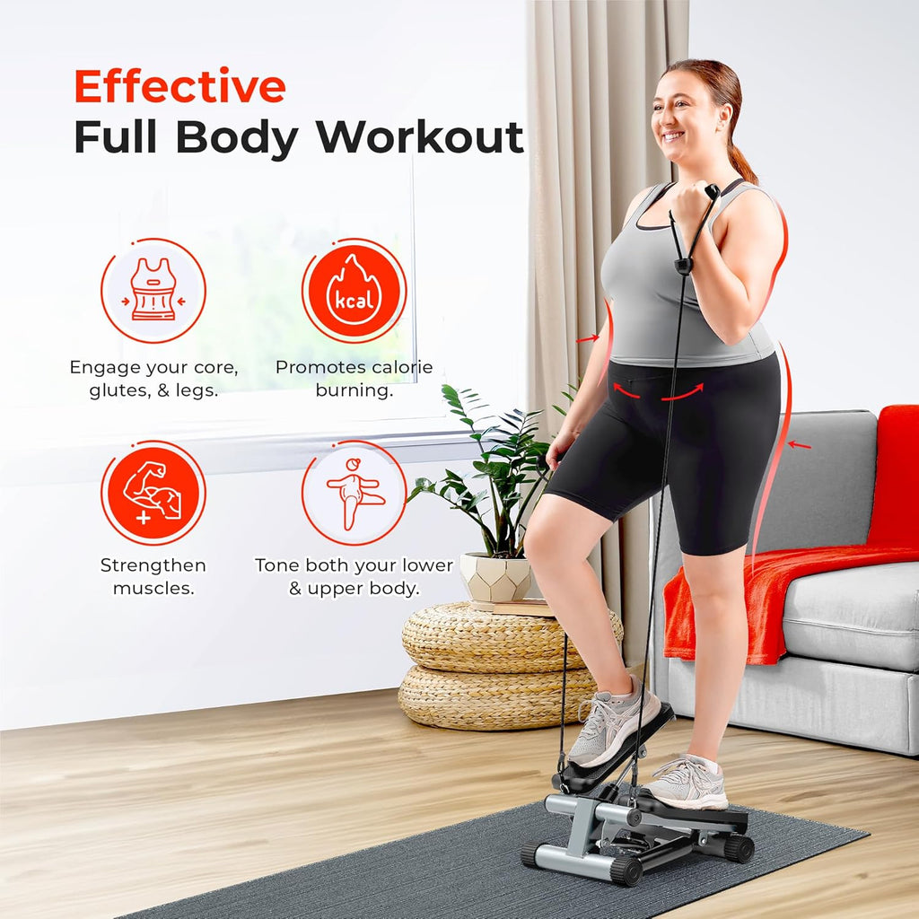 Sunny Health & Fitness Mini Stepper - Full Body Cardio Workout Machine with Resistance Bands & App Connection