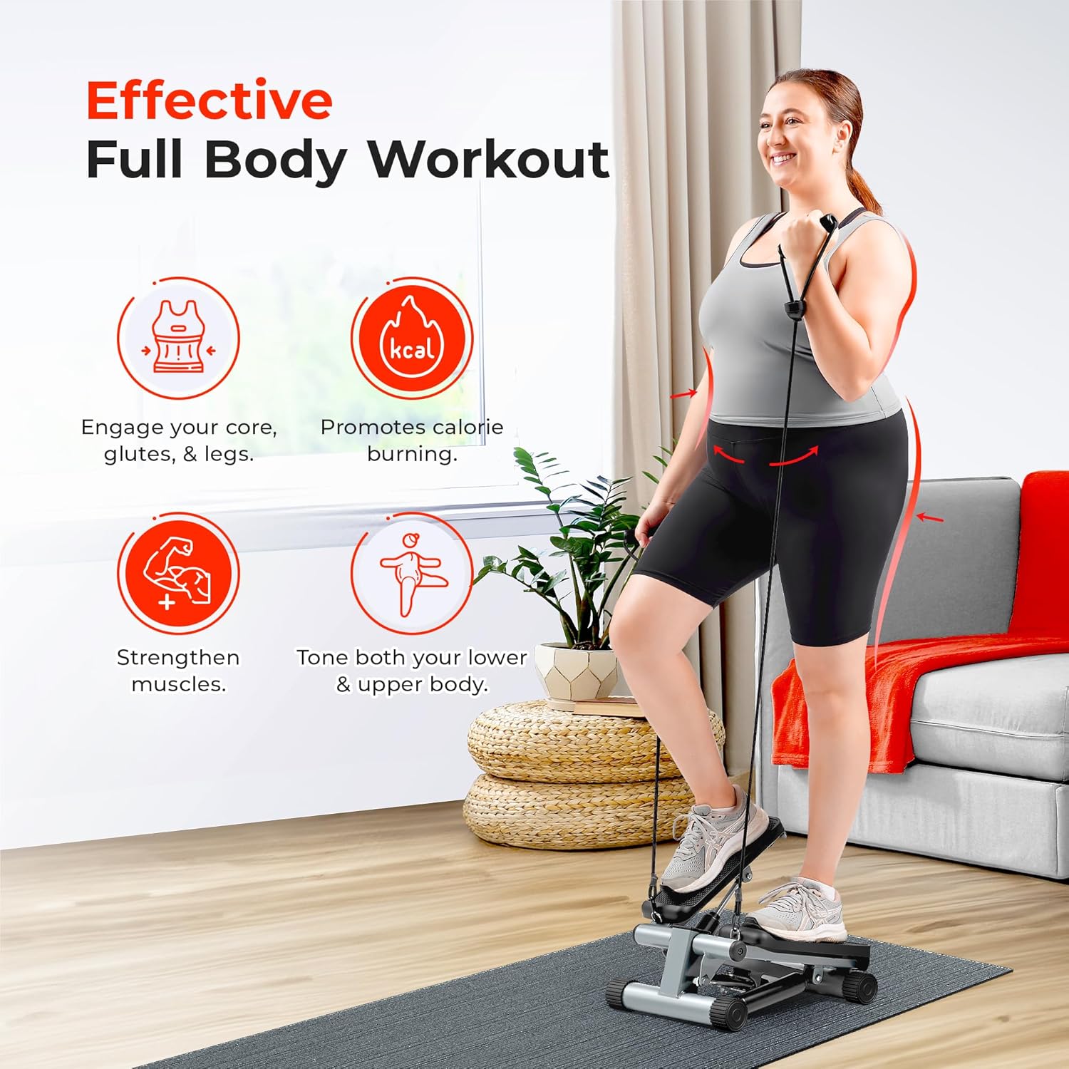 Sunny Health & Fitness Mini Stepper - Full Body Cardio Workout Machine with Resistance Bands & App Connection