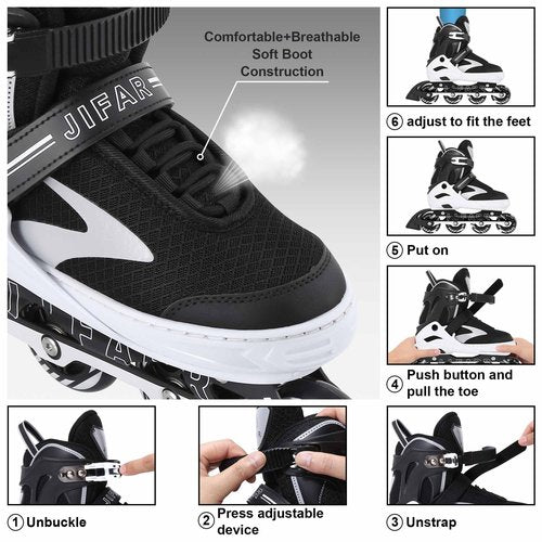 JIFAR Adjustable Inline Skates for Teens and Adults, Light Up Wheels Roller Blades, Large Size for Women 5–8 Men 4–7, Outdoor Inline Skates for Beginners