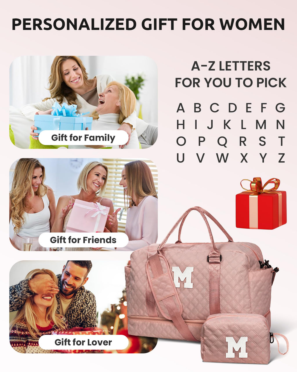 Vogewood Birthday Gifts for 4 5 6 7 8 9 10 11 12 13 14 Year Old Girls-Duffle Bag with Shoe Compartment, Personalized Weekender Bag, Overnight Bag for Women, Travel Bag with Makeup Bag (Letter J)