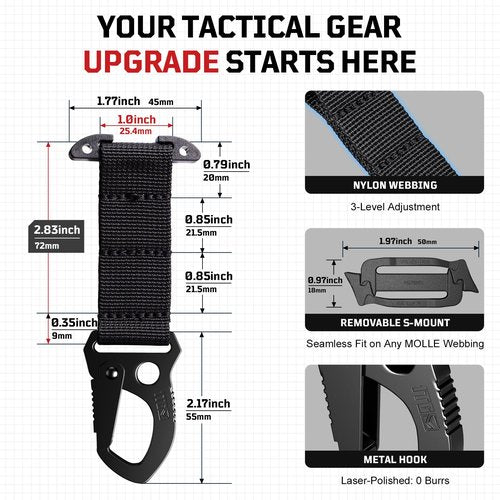Tactical MOLLE Clip with Quick-Release Metal Hook & Nylon Webbing T-Mount | Secure Gear Attachment for Backpack, Vest, Belt, Car Seats & EDC(2PCS, Black)