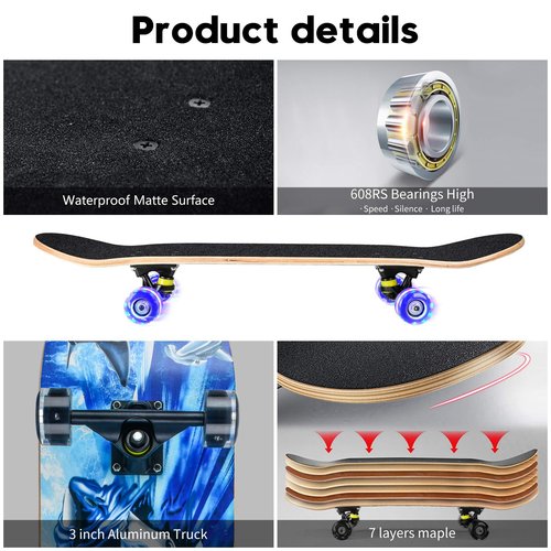 Skateboards for Beginners, 31 x 8 inch Complete Skateboard for Kids Teens Adults, 8 Layer Maple Double Kick Deck Concave Cruiser Trick Skateboard with Multifunction Skate (Shark)