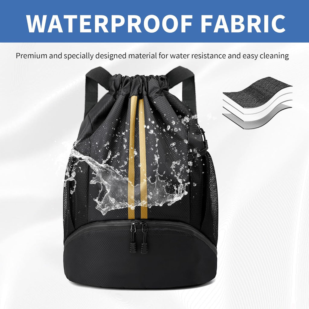 Skiennix Drawstring Backpack Gym Bag - Water-Resistant with Shoe Compartment | Black & Gold
