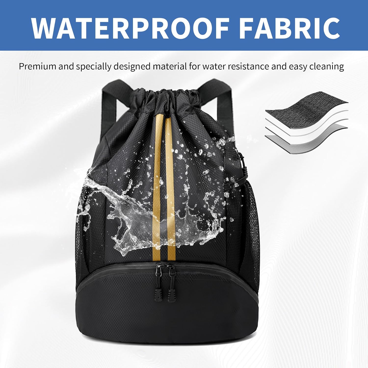 Skiennix Drawstring Backpack Gym Bag - Water-Resistant with Shoe Compartment | Black & Gold