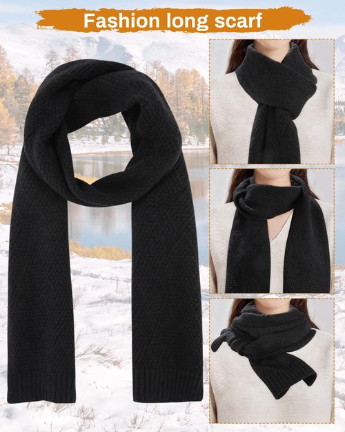 AWAYTR Winter Beanie Hat Gloves Scarf Set for Women - 3 Piece Knit Gift Set with Pom Pom Hat Touch Screen Gloves and Scarf (Black)