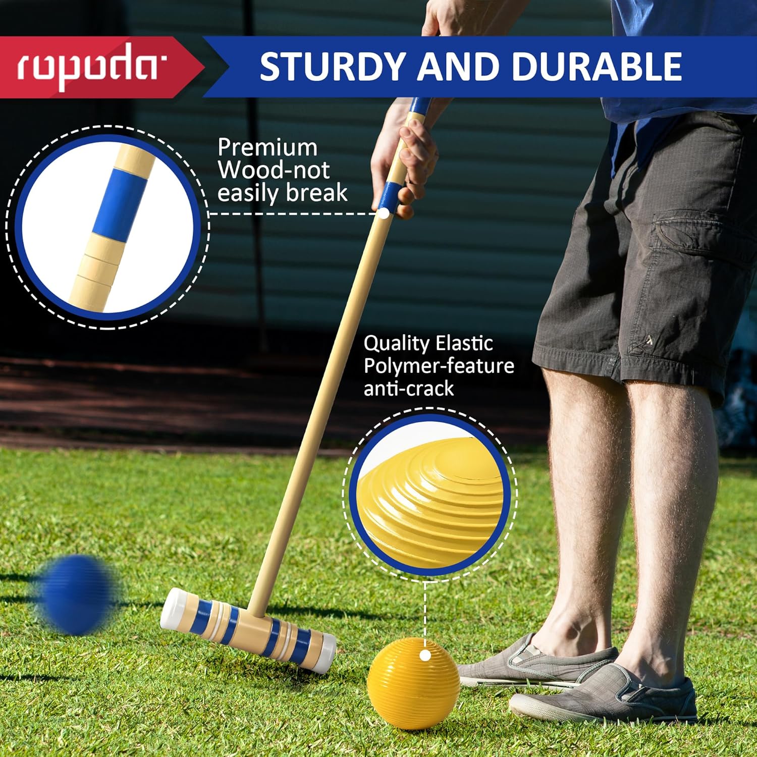 Ropoda 35-Inch Croquet Set - Updated Six-Player Design with Wooden Mallets & Colorful Balls | Ideal for Lawn, Backyard & Park Fun