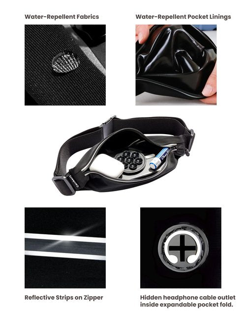 Carriberry Running Belt - Running Fanny Pack for Training, Jogging, and Walking, Slim, Waterproof, Expandable, Waist Bag, Money Keys Cards Phone Holder with Reflective Zipper (Black)