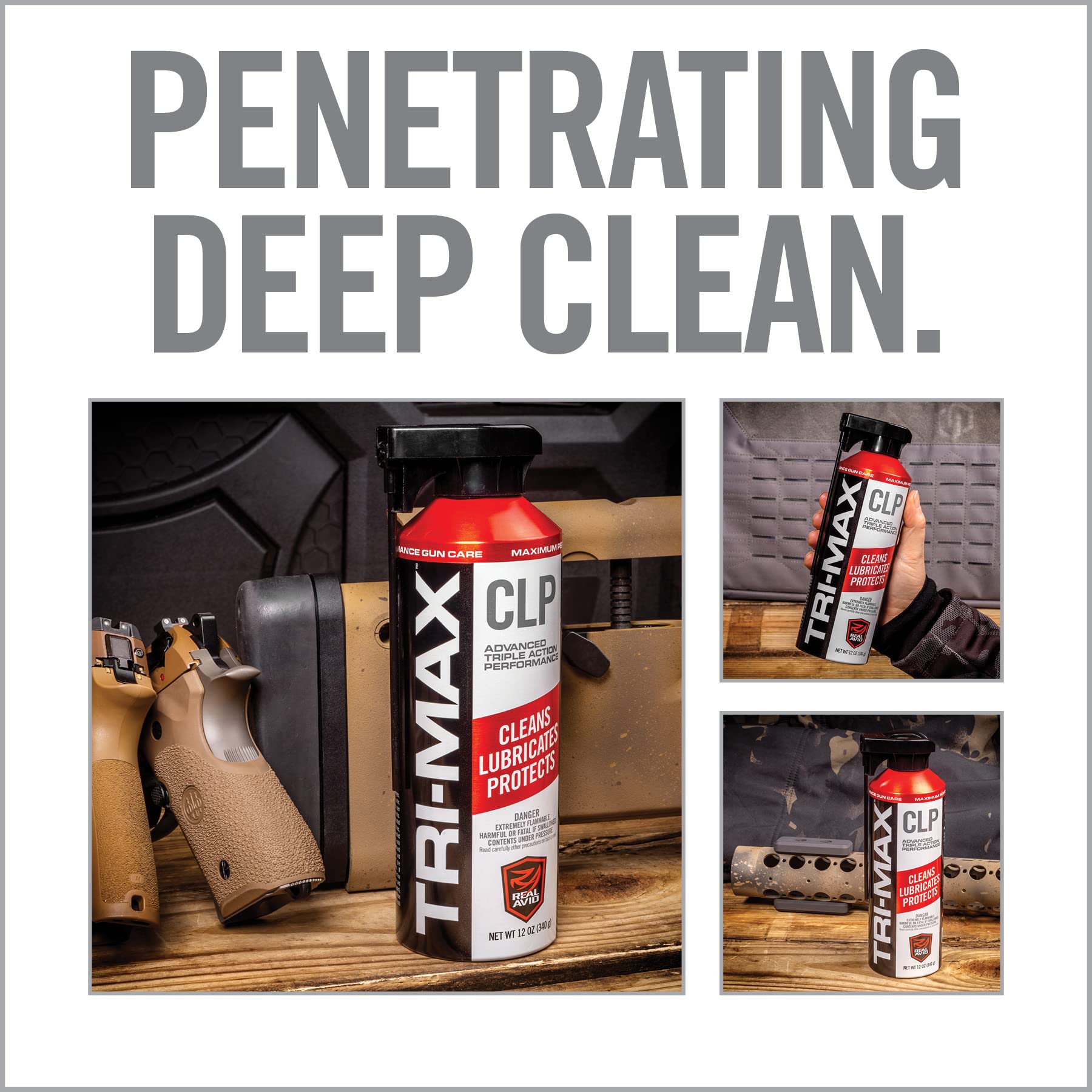 Real Avid Tri-Max 12oz CLP Gun Cleaning Oil - Long Lasting Gun Cleaner Spray w/Two-Position Nozzle Straw Excels in Extreme Temperatures