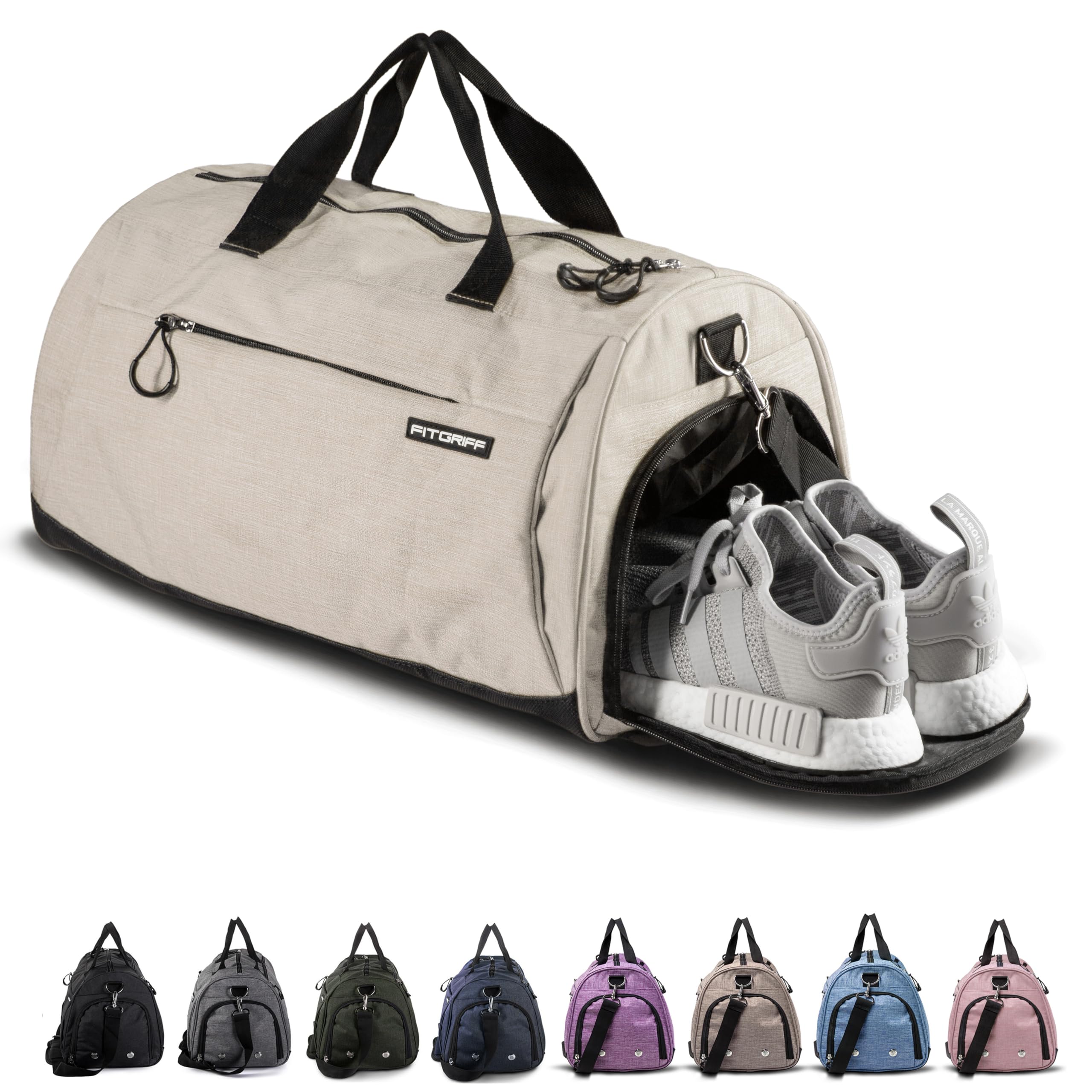 Fitgriff® Gym Bag for Men & Women with Shoe & Wet Compartment - Duffle Bag for Travel, Sports, Fitness & Workout (Beige, 23 x 12 x 12″ (Medium))