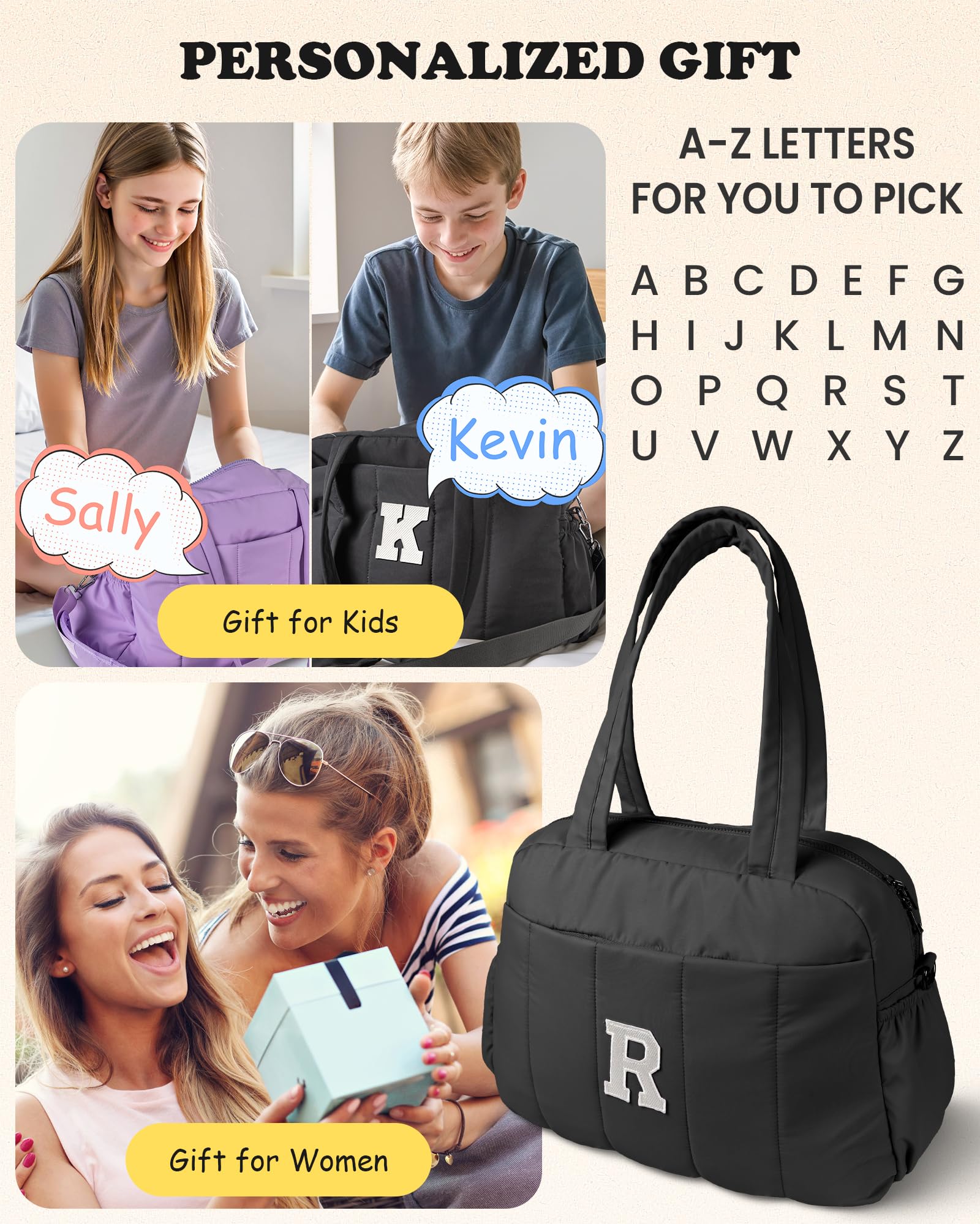 Vogewood Women Duffle Bag with Initial, Gifts for Women Unique-Personal Item Travel Bags，Gym Bag with Wet Pocket，Lightweight Travel Bags Personalized Tote with Makeup Pouch