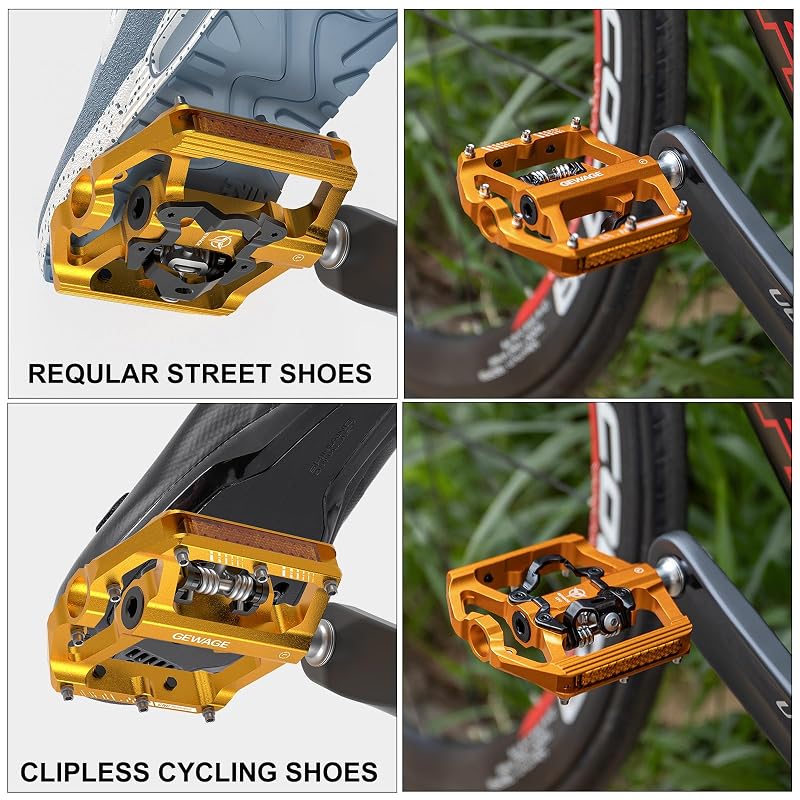 Dual Sided Mountain Bike Pedals with Reflectors - 9/16" Sealed Bearings, Clipless & Platform, GEWAGE (Glod)