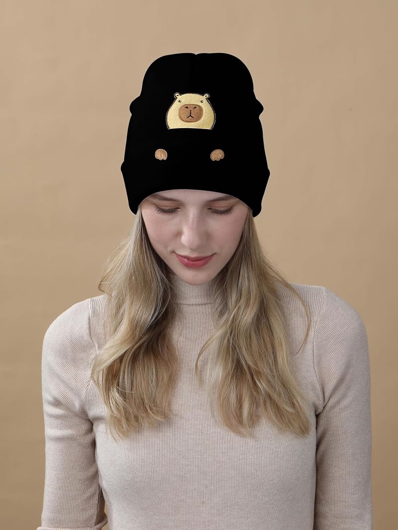 Capybara Embroidered Knit Beanie - Funny Capybara Gift for Women & Men, Variation Black1