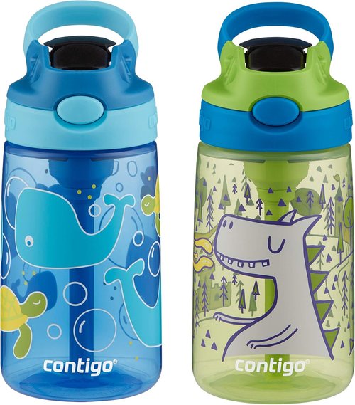 Contigo Aubrey Kids Water Bottle - Spill Proof Lid & Silicone Straw | 14oz, 2-Pack, Whales & Dragons