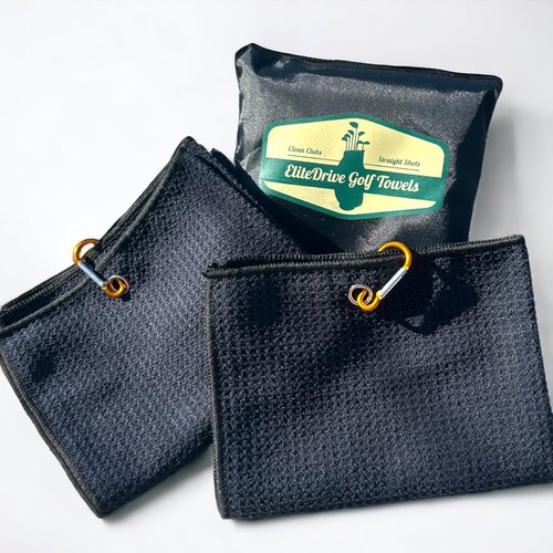 Luzia EliteDrive Golf Towels 2-Pack Set | with Carabiner Clips for Golf Bags | Premium Microfiber, Waffle Pattern | Comes in a Stylish Bag, Black