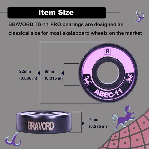 BRAVORD TG11PRO Skateboard Bearings, Black Ceramic Ball Bearings with Washers and Spacers (Pack of 8)