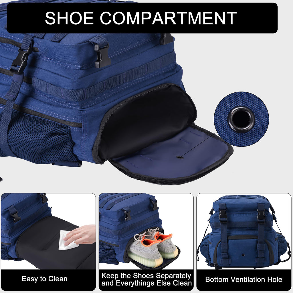 LHI Military Tactical Backpack for Men and Women 45L Army 3 Days Assault Pack Bag Large Rucksack with Shoe Compartment - Black and White