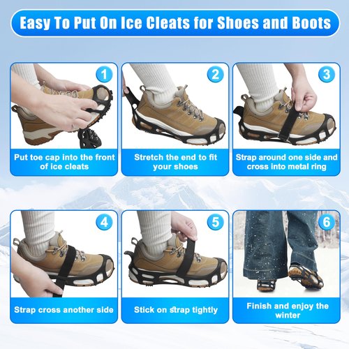 Ice Cleats for Shoes and Boots, Snow Traction Cleats Crampons Anti Slip 24 Steel Grippers Shoe Spikes Grips for Snow and Ice Slip-on Snow Cleats Overshoes for Women Men Winter Walking Hiking Fishing
