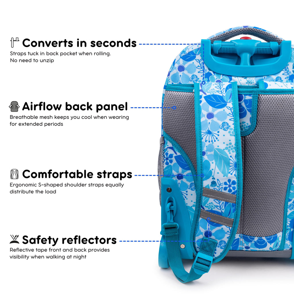 J World Sunrise Kids Rolling Backpack with Wheels for Girls Boys, Roller Bookbag for School, 18 x 13 x 9 Inches, Blue Vine