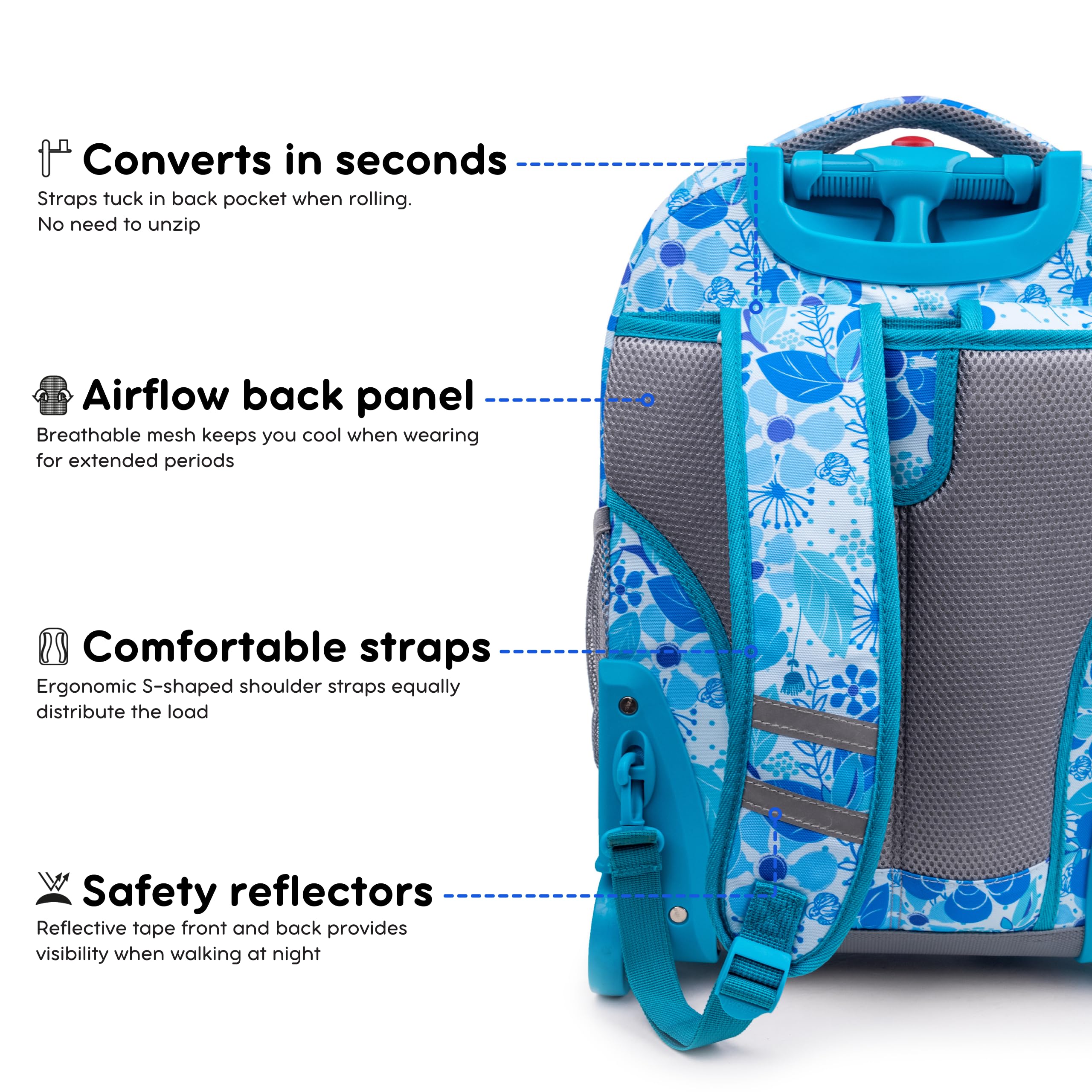 J World Sunrise Kids Rolling Backpack with Wheels for Girls Boys, Roller Bookbag for School, 18 x 13 x 9 Inches, Blue Vine