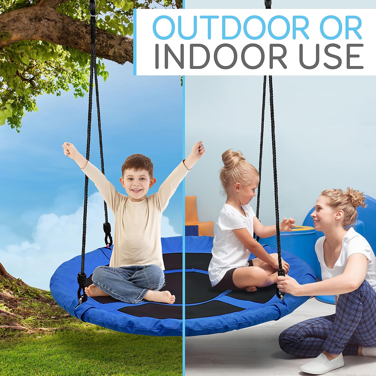 SereneLife Outdoor Tree Swing - 40” Saucer Swing with Adjustable Ropes & Center Swivel Spinner (Blue)