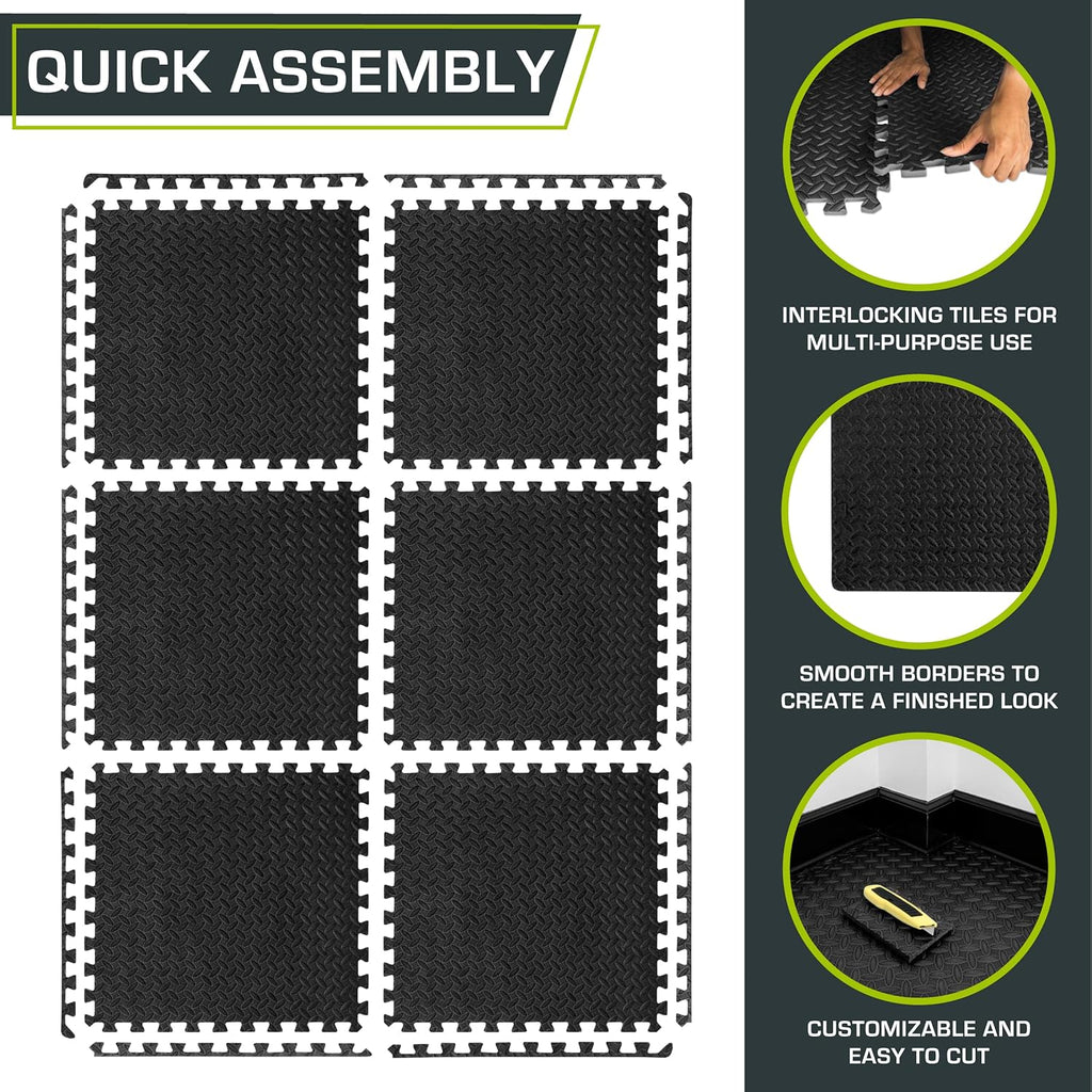 ProsourceFit Puzzle Exercise Mat - Interlocking EVA Foam Tiles for Home Gym | Black, 24" x 24" - 6 Tiles