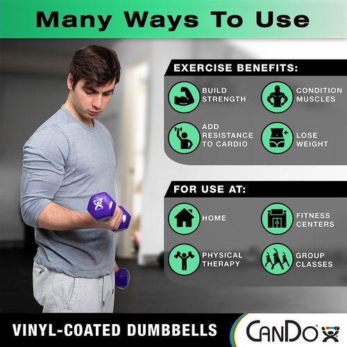 CanDo Vinyl Coated Dumbbell Green 3 lb Single 1pc Handheld Weight for Muscle Training and Workouts, Color Coded Anti-Roll Home Gym Equipment, Beginner and Pro…